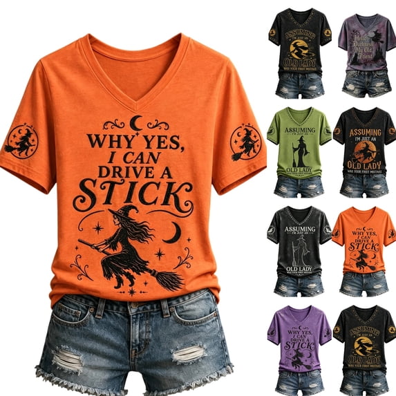 Halloween Shirts for Women Vintage Broom Flying Witch Shirt Short Sleeve V Neck Basic T-Shirt Casual Pullover Tops,Saffron,S