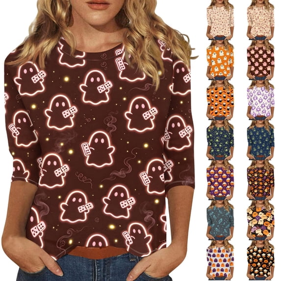 Halloween Shirts for Women Witch Hat Pumpkin Print 3/4 Sleeve Scary T-Shirt Bat Graphic Crew Neck Horror Cute Tops M
