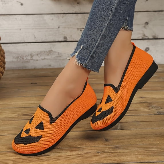 Halloween Shoes for Women Breathable Mesh Slip On Pumpkin Face Flats Lightweight Comfortable Casual Novelty Fall Holiday Walking Shoes