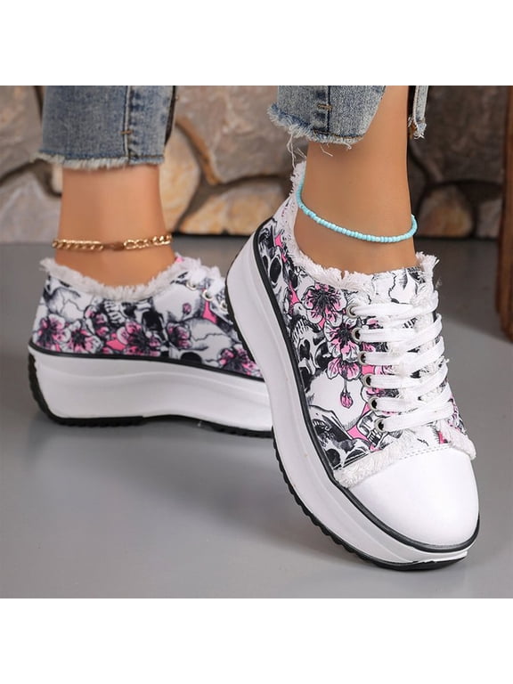 Halloween Shoes for Women, Gothic Skull Rose Print Platform Sneakers, Lace Up Chunky Casual Shoes, Round Toe Fashion Walking Shoes