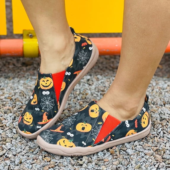 Halloween Shoes for Women, Spooky Print Canvas Loafers, Slip On Casual Flats for Daily Wear, Comfy Lightweight Fall Walking Shoes