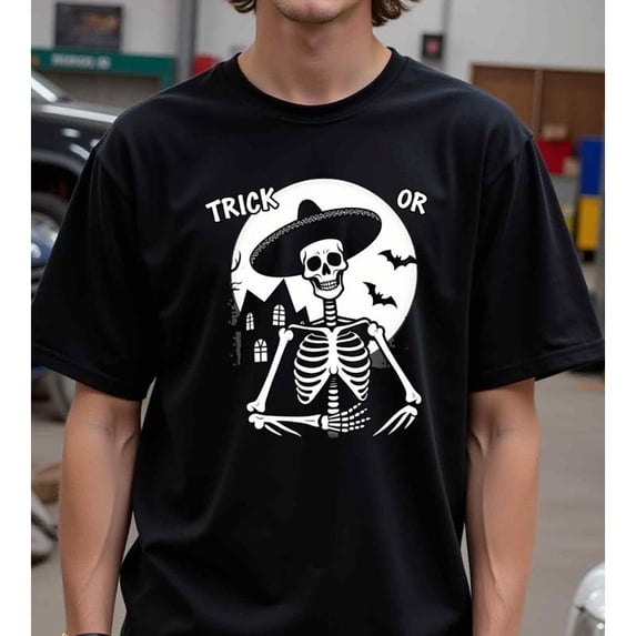Halloween Short Sleeve Round Neck Skeleton Graphic Tee T Shirt Top Witch Trick Treat Design Black S-5XL