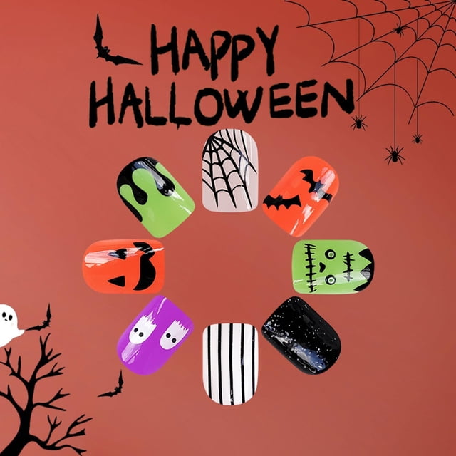 Coversll Designs Halloween Short Square Press on Nails, Black and White with Little ...