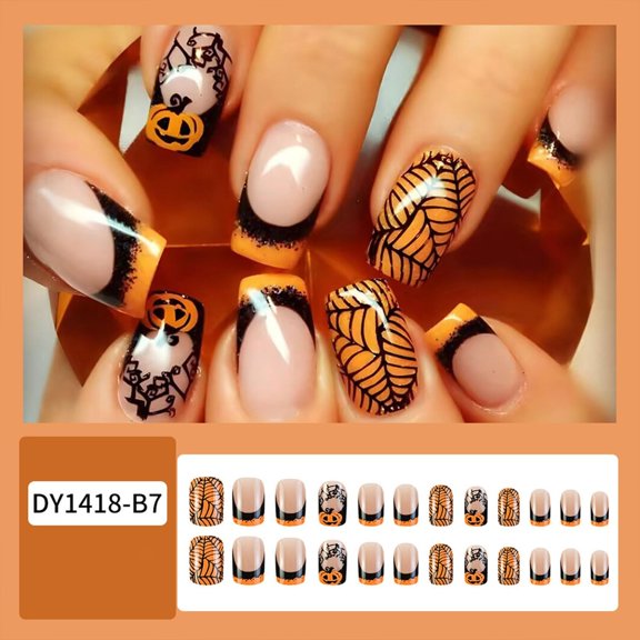 Halloween Short Square Press on Nails, Black and White with Little Ghost and Bat Designs, Full Cover Glossy Fake Nails, 24 Pcs.