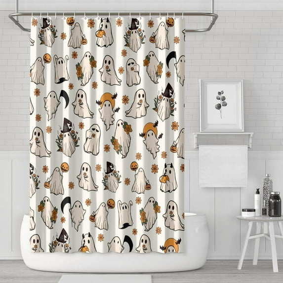 Halloween Shower Curtain 72 * 72 Inches Cute Funny Ghost Pumpkin Maple Leaf Autumn Harvest Spooky Cloth Waterproof Bathroom Home Decor Set with 12 Hooks