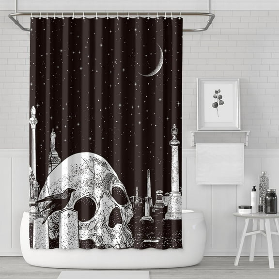 Halloween Shower Curtain 72x72inch Gothic Black White Sugar Skull Skeleton Shower Curtain Spooky Bathroom Set Moon Crow Bathtub Accessoriess Decor, Sets with 12 Hooks