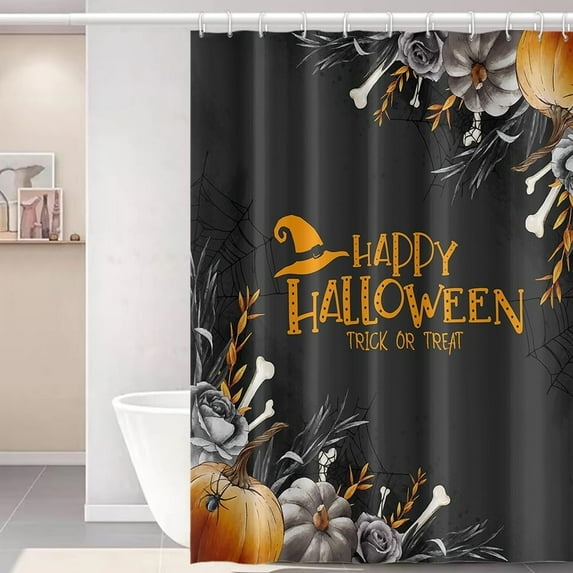 Halloween Shower Curtain 72x72inches Rose Flowers Pumpkins Shower Curtain Set with Hooks Black Grey Leaves Spider Net Waterproof Fabric Shower Curtains for Bathroom