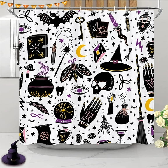 Halloween Shower Curtain Alchemy Magic Witch Witchcraft Bohemian Shower Curtain Sets, No Odor Rust Proof Grommets, Eco-Friendly, Black and White