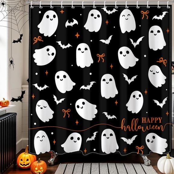 Halloween Shower Curtain for Bathroom, Black Cute Ghost Shower Curtain with 12 Hooks Little Bat Ghost Bow Bath Curtain for Halloween Bathroom Decor, 72 X 72 Inch Waterproof Fabric
