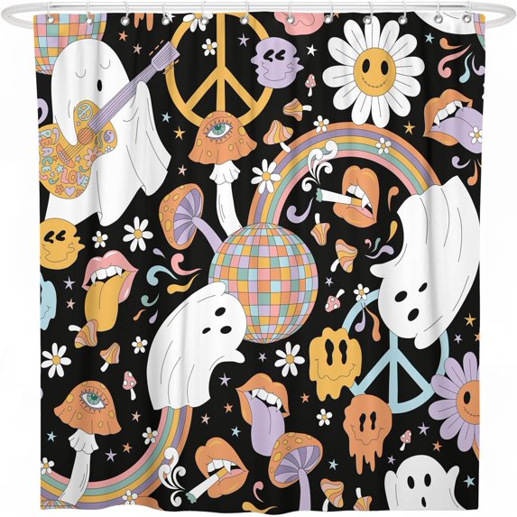 Halloween Shower Curtain for Bathroom,Fall Ghost Mushroom Sunflower Shower Curtains with Hooks,Farmhouse Colorful Polyester Fabric Shower Curtains Machine Washable Waterproof Bath Decor 72" x 72"