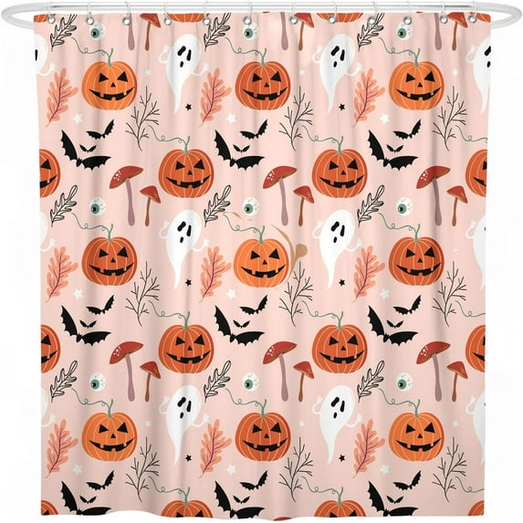 Halloween Shower Curtain for Bathroom,Fall Pink Pumpkin Ghost Mushroom Shower Curtains with Hooks,Farmhouse Colorful Polyester Fabric Shower Curtains Machine Washable Waterproof Bath Decor 72" x 72"