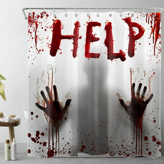 Halloween Shower Curtain for Bathroom, Horror Bloody Handprint Help Bloody Hands Shower Curtain with Hooks, Scary Night Halloween Bathroom Decorations Shower Curtain Set, 72X84 inch