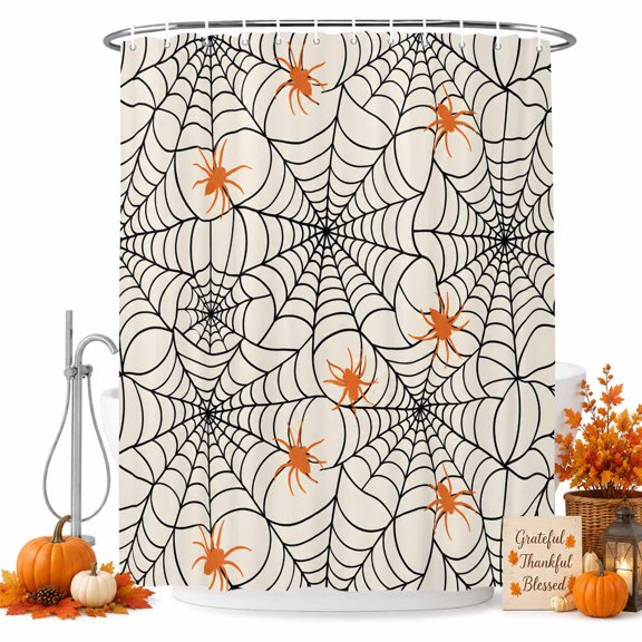 Halloween Shower Curtain for Bathroom, Minimalist Orange Creeper Black Cobweb Horror Beige Waterproof Cloth Fabric Bathroom Accessories Set with 9 Rust Proof Plastic Hooks, 36"x72"