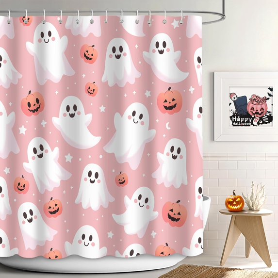 Halloween Shower Curtain for Bathroom, Pink Cute Abstract Spooky Pumpkin Shower Curtain for Bathroom Halloween Festival Decorations Home Bath Bathtub Waterproof Fabric with 12 Hooks 72x72 in