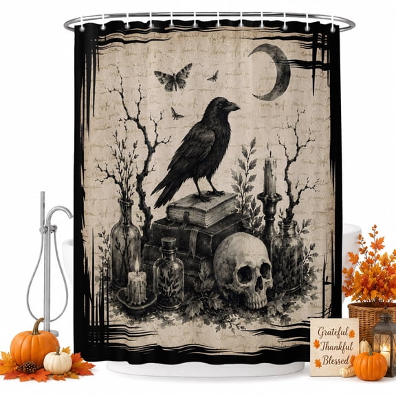 Halloween Shower Curtain for Bathroom, Vintage Perched Black Ravens Goth Skull Dark Academia Waterproof Cloth Fabric Bathroom Accessories Set with 12 Rust Proof Plastic Hooks, 72"x96"