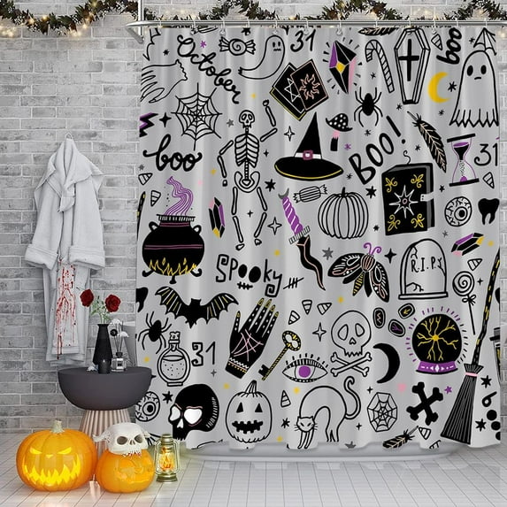 Halloween Shower Curtain Black Alchemy Magic Spooky Witch Witchcraft Mystic Bohemian Horror Gothic Fabric Bathroom Decor Curtains with Hooks,Gray Black Purple