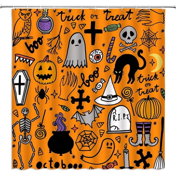 Halloween Shower Curtain Black Alchemy Skull Skeleton Ghost Pumpkin Magic Witch Witchcraft Moon Star Gothic Spooky Halloween Fabric Bathroom Decor Curtain with Hooks