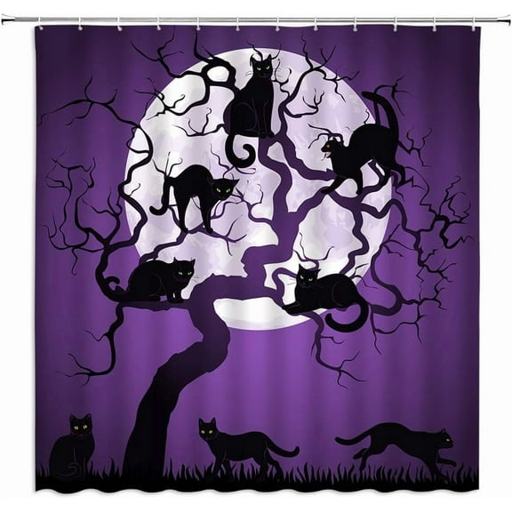 Halloween Shower Curtain Black Cat Dead Tree Full Moon Purple Witchy Spooky Happy Halloween Gothic Night Fabric Bathroom Decor Curtain with Hooks