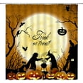 thumbnail image 1 of Halloween Shower Curtain Black Witch Cat Scary Spooky Full Moon Night Flying Bat Horror Dead Tree Cartoon Pumpkin Lantern Haunted House Fabric Home Decor Bathroom Curtain Set with Hooks, 1 of 1