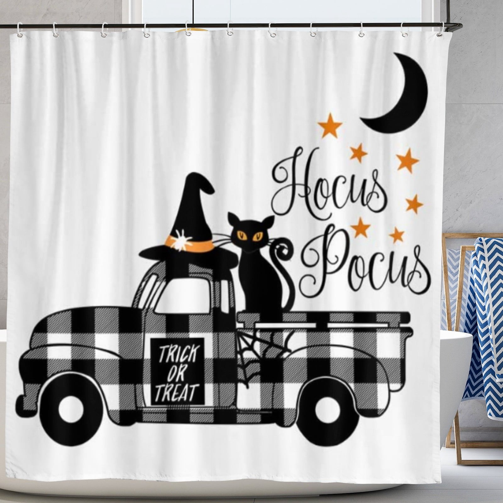Halloween Shower Curtain Buffalo Check Plaid Truck Shower Curtain Cat Rustic Farmhouse Bathroom Decor 72 x 72 Inches