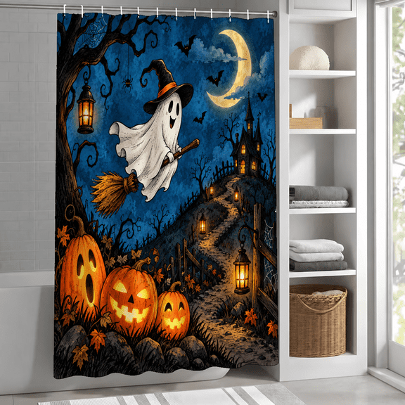 Halloween Shower Curtain, Cartoon Ghost Pumpkin Print, Waterproof Polyester, Dark Blue, 72 x 72 Inches