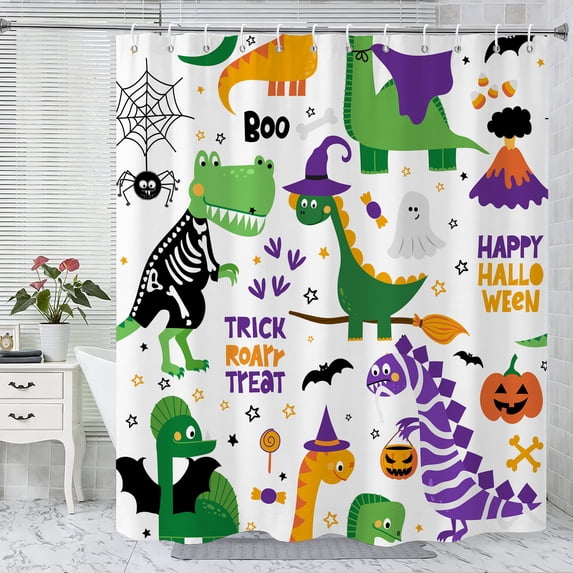 Halloween Shower Curtain, Cute Dinosaurs Polyester Fabric Bathroom Decor Curtain, Machine Washable Waterproof, Halloween Holiday Gift for Women Men, 72 x 72 Inches