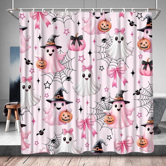 Halloween Shower Curtain Cute Ghost Pumpkin Witch Hat Horror Bat Spooky Funny Holiday Abstract Cartoon Animals Fall Pink Bathroom Decor Set Fabric with Hook 36Wx70H Inch