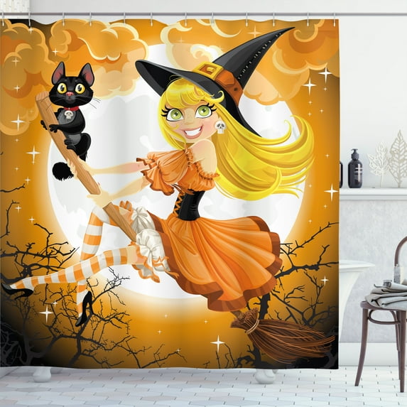 Halloween Shower Curtain, Cute Sexy Witch on a Broom with Baby Kitten and Hazy Moonlight Halloween Themed, Fabric Bathroom Set with Hooks, 69W X 75L Inches Long, Multicolor, by Ambesonne