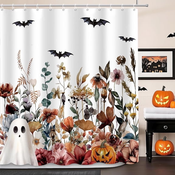 Halloween Shower Curtain Fall Autumn Watercolor Horror Wildflowers Shower Curtain Pumpkin Ghost Bat Halloween Festival Holiday Decor Waterproof Fabric Washable with Hooks 72"W x 72"L (Pack of 1)