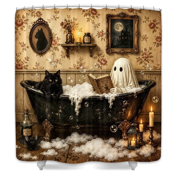 Halloween Shower Curtain, Funny Cute Ghost and Black Cat in Bathtub Spooky Witchy Gothic Bath Curtains Decor, Waterproof Polyester Fabric Halloween Shower Curtain，3