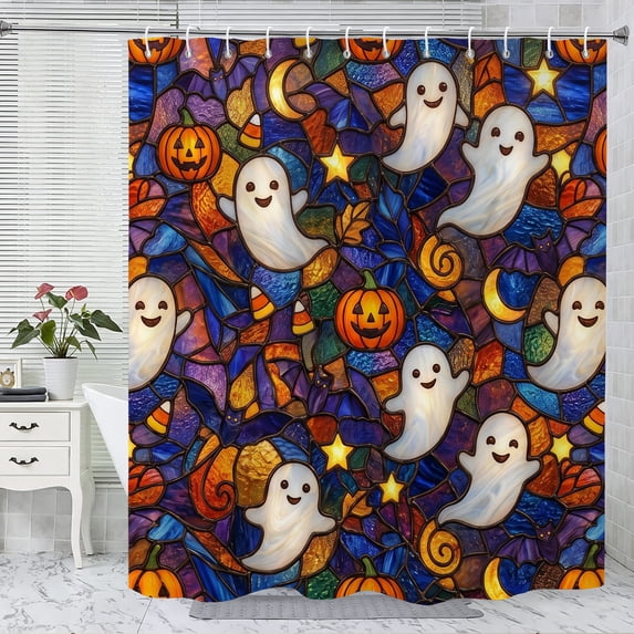 Halloween Shower Curtain, Glass Ghost Polyester Fabric Bathroom Decor Curtain, Machine Washable Waterproof, Halloween Holiday Gift for Women Men, 72 x 72 Inches