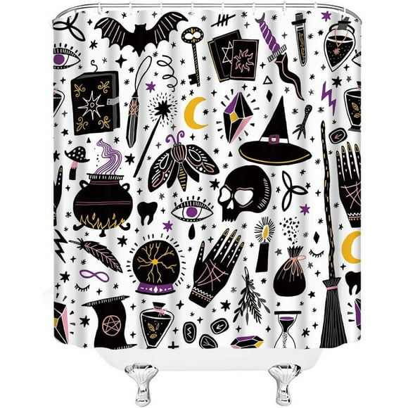Halloween Shower Curtain Gothic Black Alchemy Magic World Witch Witchcraft Moon Star Spooky Holiday Happy Halloween Fabric Bathroom Decor Curtain with Hooks