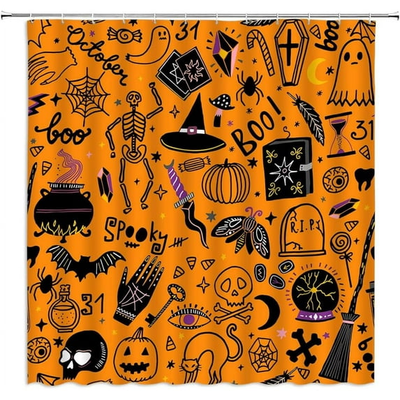 Halloween Shower Curtain Gothic Black Alchemy Magic World Witch Witchcraft Moon Star Spooky Holiday Happy Halloween Fabric Bathroom Decor Curtain with Hooks