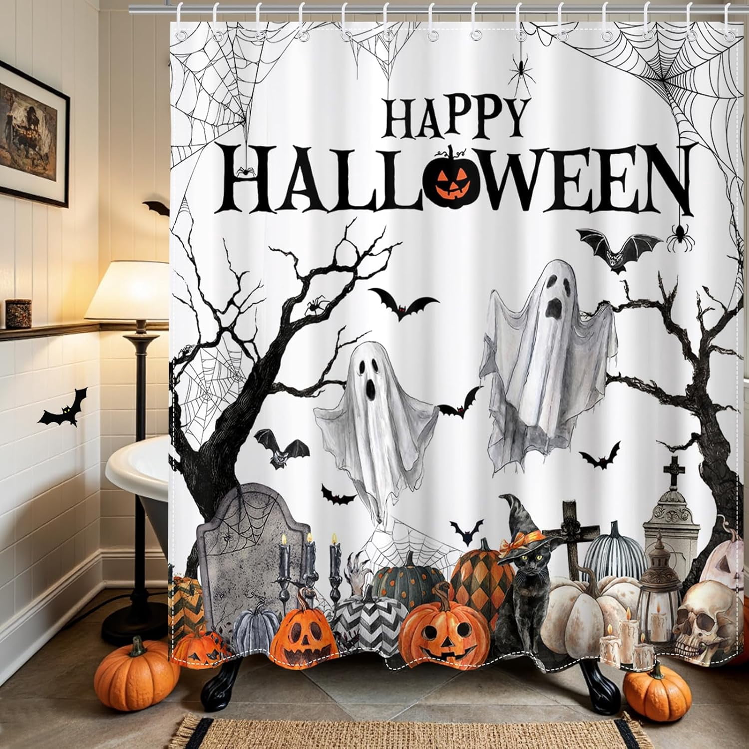 Halloween Shower Curtain Gothic Spooky Pumpkin Ghost Shower Curtain for ...