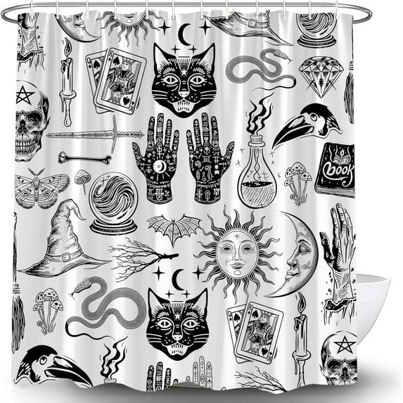 Halloween Shower Curtain Gothic Tarot Boho Palmistry Mysterious Black Cat Horror Magic Spooky Skull Sun Moon Vintage Witchcraft Cool Fabric Home Decor Bathroom Curtain Set with Hooks