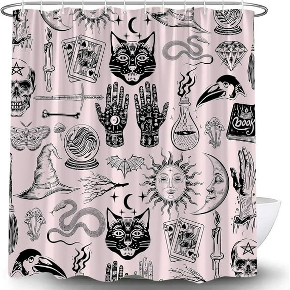 Halloween Shower Curtain Gothic Tarot Boho Palmistry Mysterious Black Cat Horror Magic Spooky Skull Sun Moon Vintage Witchcraft Cool Fabric Home Decor Bathroom Curtain Set with Hooks