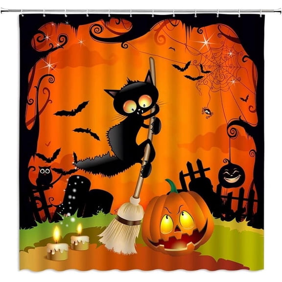 Halloween Shower Curtain Horror Funny Black Cat Pumpkin Dead Tree Bat Spider Web Owl Magic Scary Mysterious Scary Cartoon Fabric Bathroom Decor Curtains with Hooks,Orange Green Black
