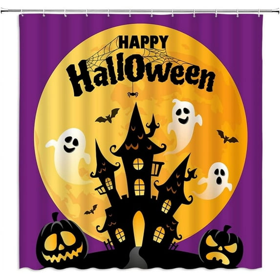 Halloween Shower Curtain Horror Haunted House Spooky Pumpkins Gothic Full Moon Night Scary Cartoon Cute Ghost Black Bat Purple Bath Curtain with Hooks