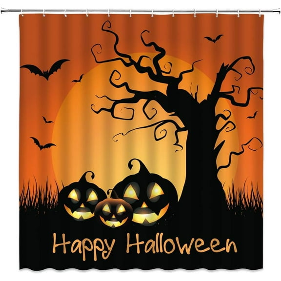 Halloween Shower Curtain Horror Pumpkin Ghost Black Dead Tree Full Moon Bat Orange Night Spooky Happy Halloween Gothic Fabric Bathroom Decor Curtain with Hooks