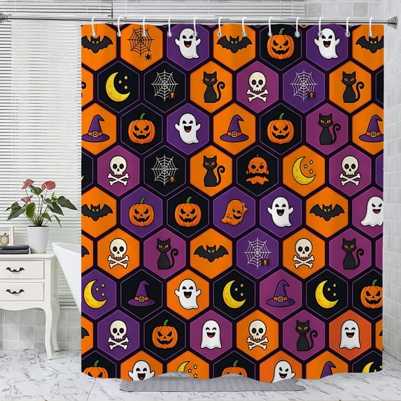 Halloween Shower Curtain, Patchwork Pumpkin Polyester Fabric Bathroom Decor Curtain, Machine Washable Waterproof, Halloween Holiday Gift for Women Men, 72 x 72 Inches