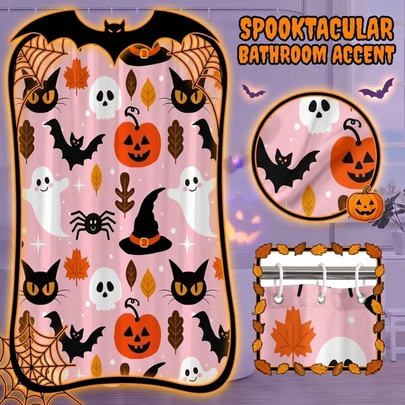 Halloween Shower Curtain, Pink and Black Bathroom Decor, Black Cat Halloween Decor, Halloween Ghost Decorations, 71X60 Inch Lightweight Waterproof Fabric Bathroom Curtain with