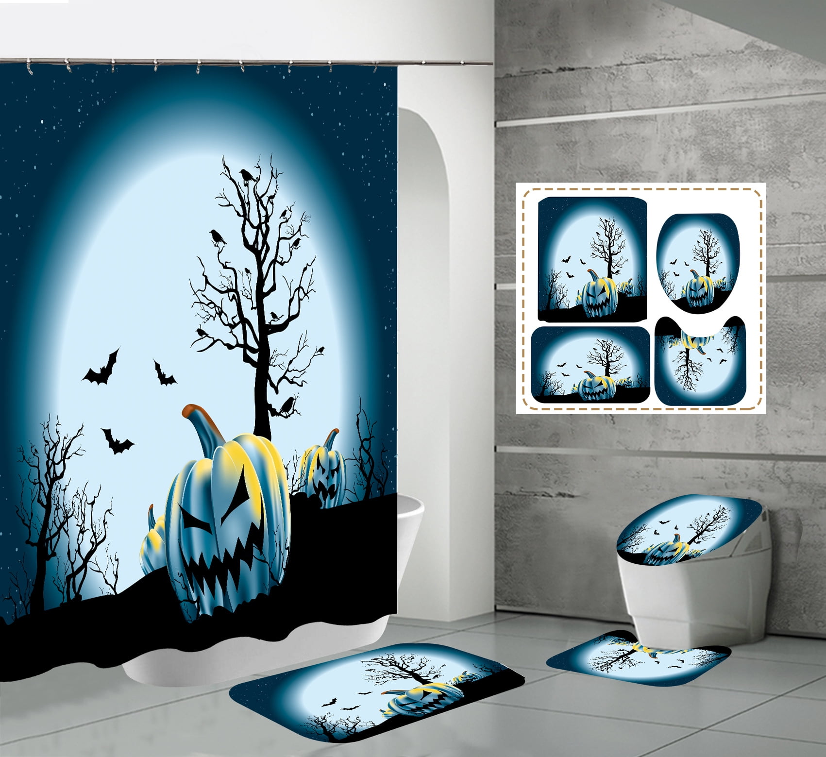 Halloween Shower Curtain Pink Horror Pumpkin Black Cat Scary Skull Bat