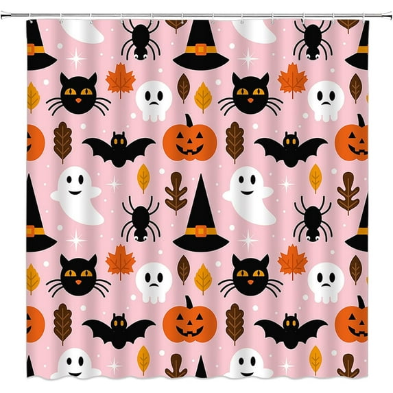 Halloween Shower Curtain Pink Horror Pumpkin Black Cat Scary Skull Bat Spooky Ghost Magic Witch Hat Gothic Spider Web Bath Curtain with Hooks