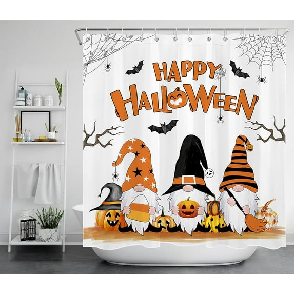 Halloween Shower Curtain Pumpkin Lantern and Gnome Bathroom Shower Curtain Black Bat and Spider Web Decorative Polyester Waterproof Durable Fabric Bath Decor Accessories,72x72 Inchs