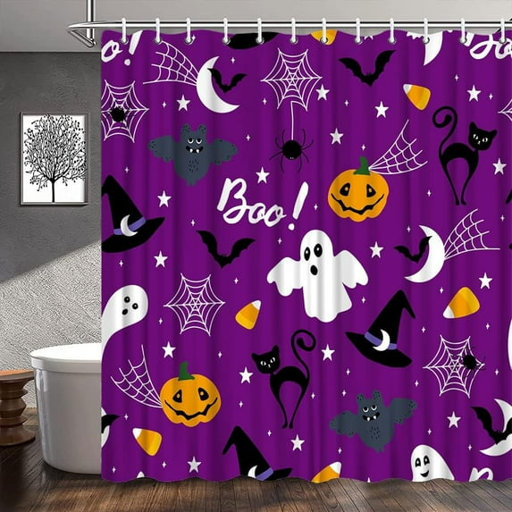 Halloween Shower Curtain Purple Cute Black Cat Pumpkin Scary Ghost Bat Funny Spider Web Witch Hat Moon Star Cartoon Bathroom Decor Fabric Curtains with Hook 48Wx72H Inches