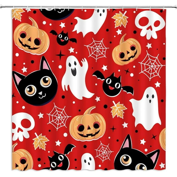 Halloween Shower Curtain Red Cute Black Cat Pumpkin Scary Ghost Bat Funny Spider Web Star Leaf Bathroom Decor Fabric Curtains with Hook 70Wx70H Inches