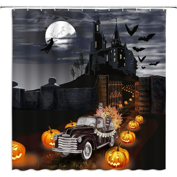 Halloween Shower Curtain Scary Castle Pumpkin Truck Skull Horror Bat Full Moon Witch Gothic Fabric Bathroom Decor Set with Hooks(70" Wx84 H)