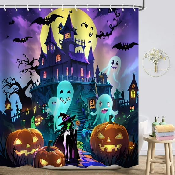 Halloween Shower Curtain, Scary Halloween Shower Curtain Set, Spooky Castle Halloween Decor, Horror Haunted House Bathroom Home Indoor Decorations, Waterproof Bathroom Curtain with Hooks 72"X72"