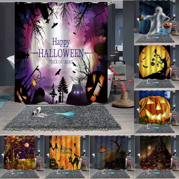 Halloween Shower Curtain Scary Haunted House Evil Pumpkin Shower Curtains for Bathroom Halloween Full Moon Night Horror Castle Forest Bathtub Decorative Waterproof Fabric 59x71 Inch