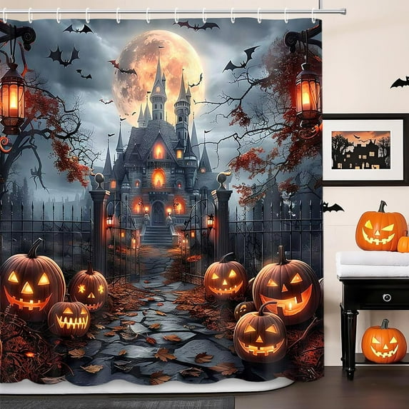 Halloween Shower Curtain Scary Haunted House Evil Pumpkin Shower Curtains for Bathroom Scary Castle Horror Pumpkin Lantern Spooky Full Moon Night Gothic Dead Tree Bathroom Decor 72Wx72H Inch